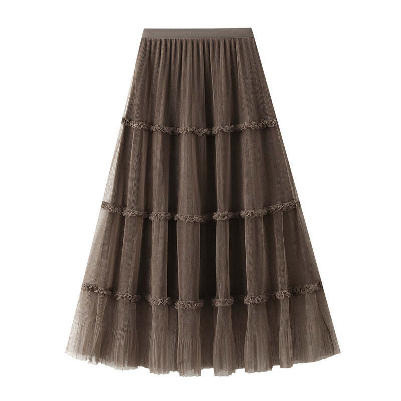 Fashionable Temperamental All Match A line Fairy Mesh Skirt for Women Autumn Large Swing Patchwork