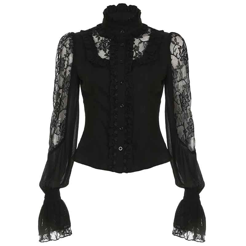 Women Clothing Street Dark Palace Lace Stitching Lace Small Turtleneck Waist Controlled Slimming Long Sleeve Shirt