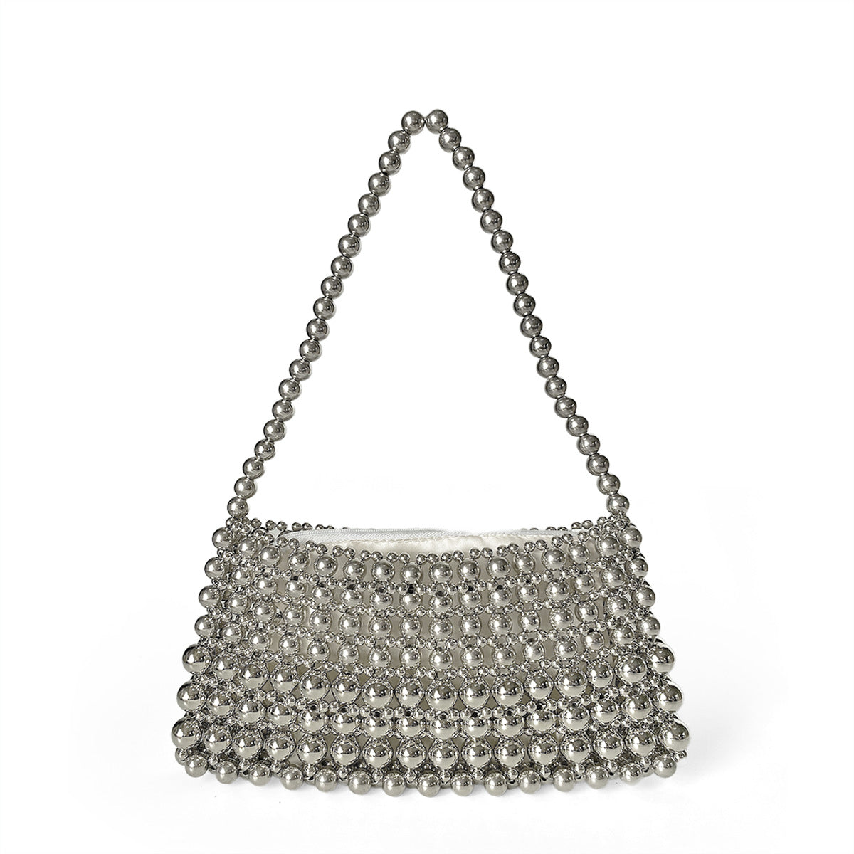 Handmade Beaded Weave Shoulder Bag Simple Handbag Silver Beaded Boat Bag