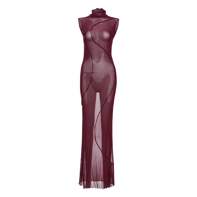 Spring Women Clothing Solid Color Sexy Sheer Mesh High Waist Figure Flattering Sheath Dress