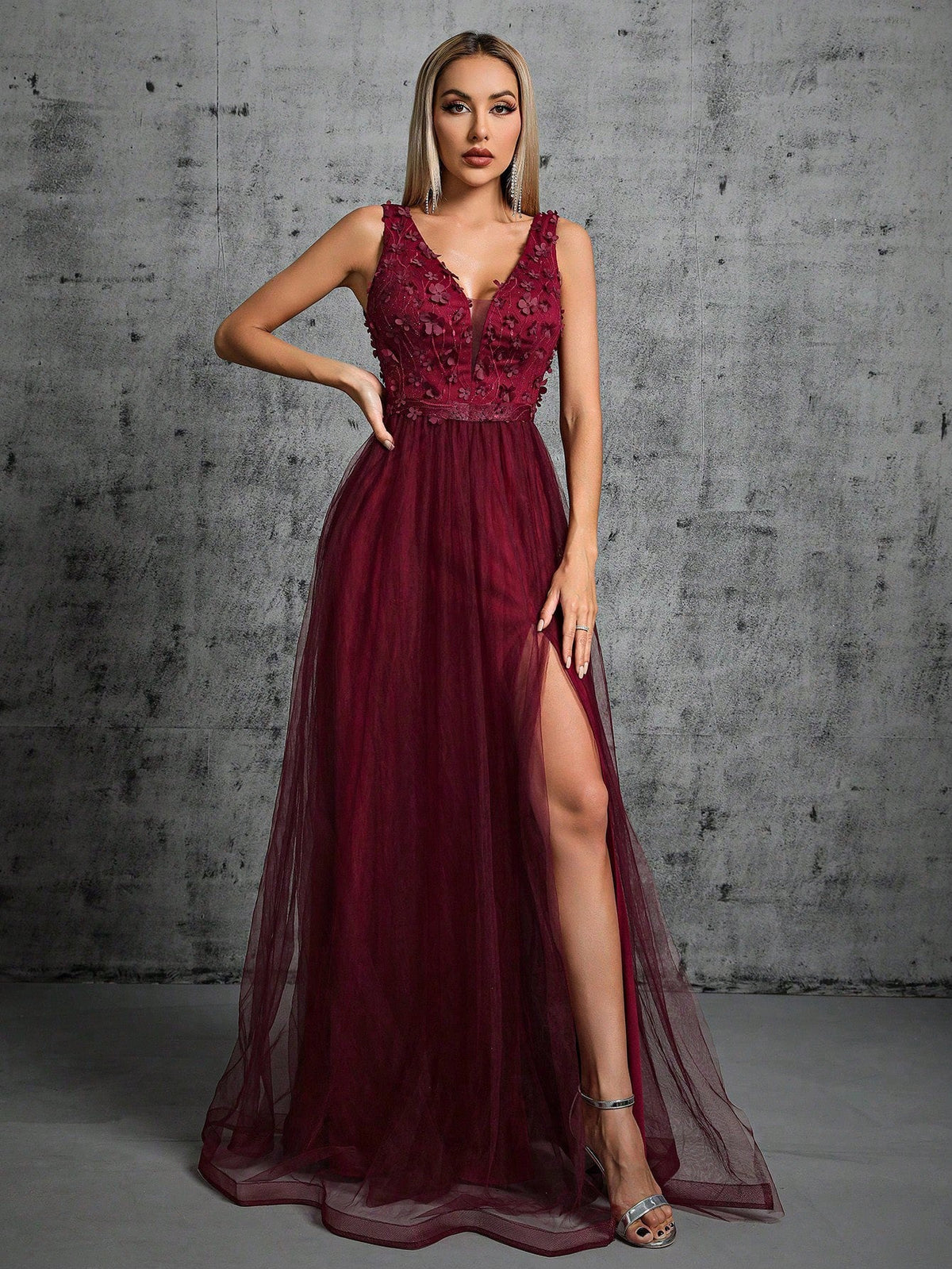 Women Evening Dress Women Chiffon Double V neck Dress Sleeveless A line Large Hem Sequin Stitching Summer