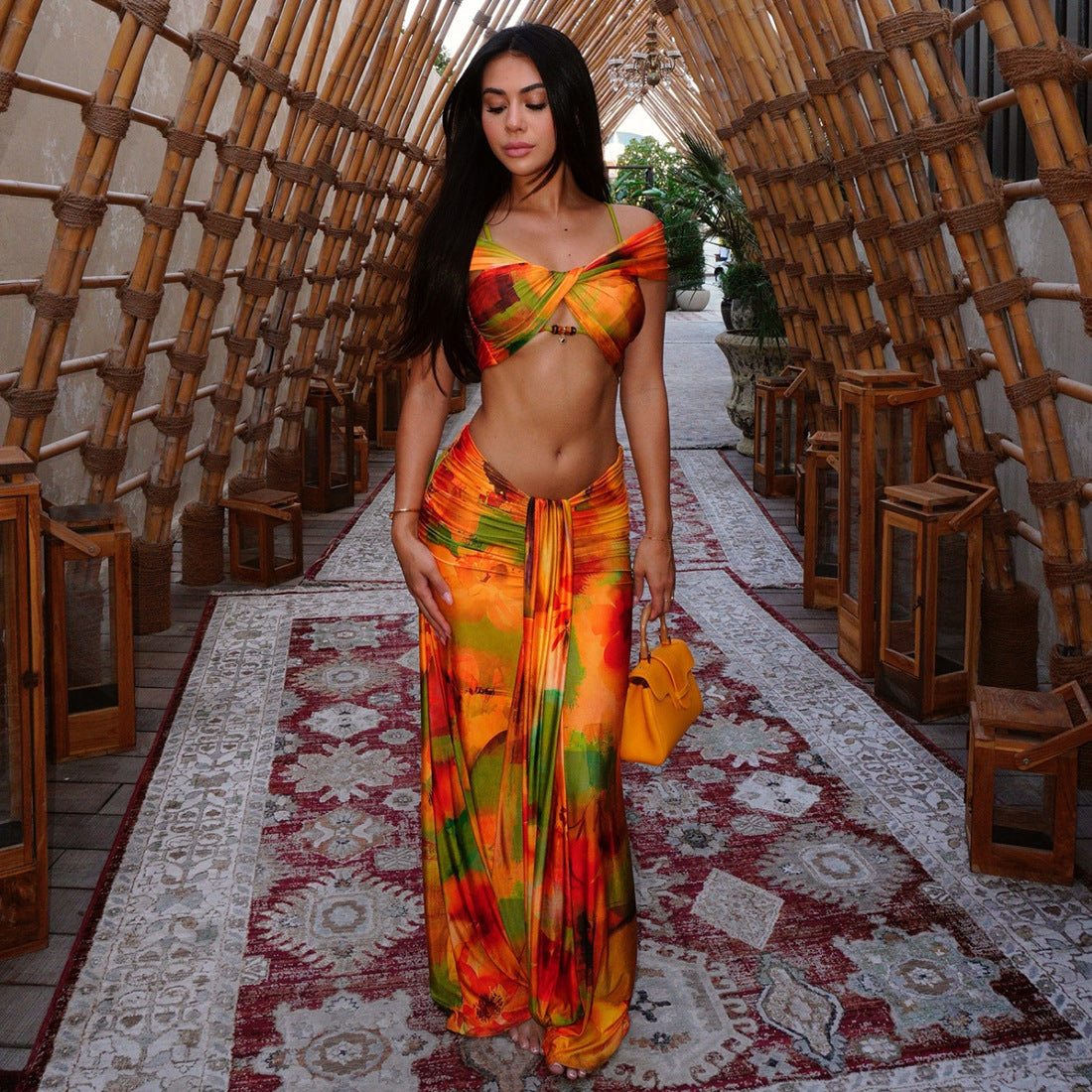 Women Spring Clothing Pattern Print Sexy Drop Shoulder Hollow Out Cutout Low Waist Cropped Skirt Set