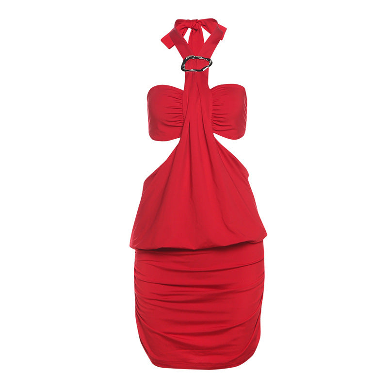 Women Clothing Summer Sexy Elegant Halter Lace up Backless Slim Fit Sheath Pleated Dress Women