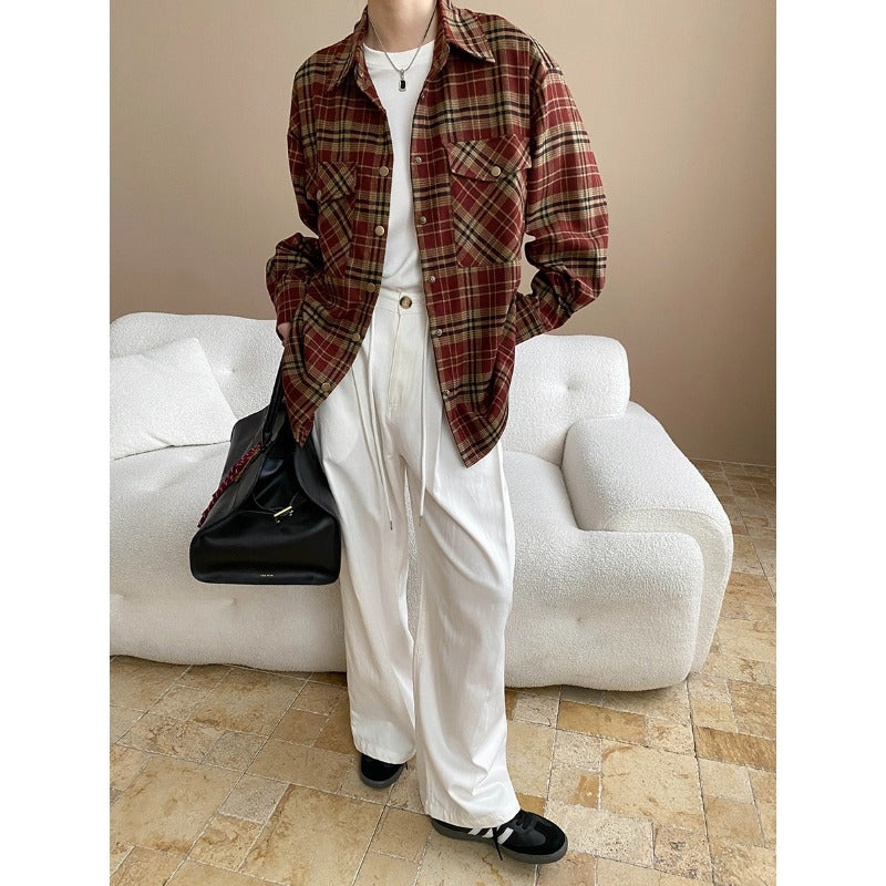 Early Autumn Retro Plaid Contrast Color Overalls Pocket Casual Shacket