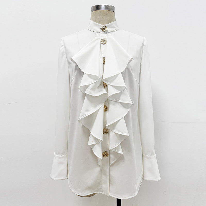 Slim Ruffle Ruffle All Match White Long Sleeve Shirt