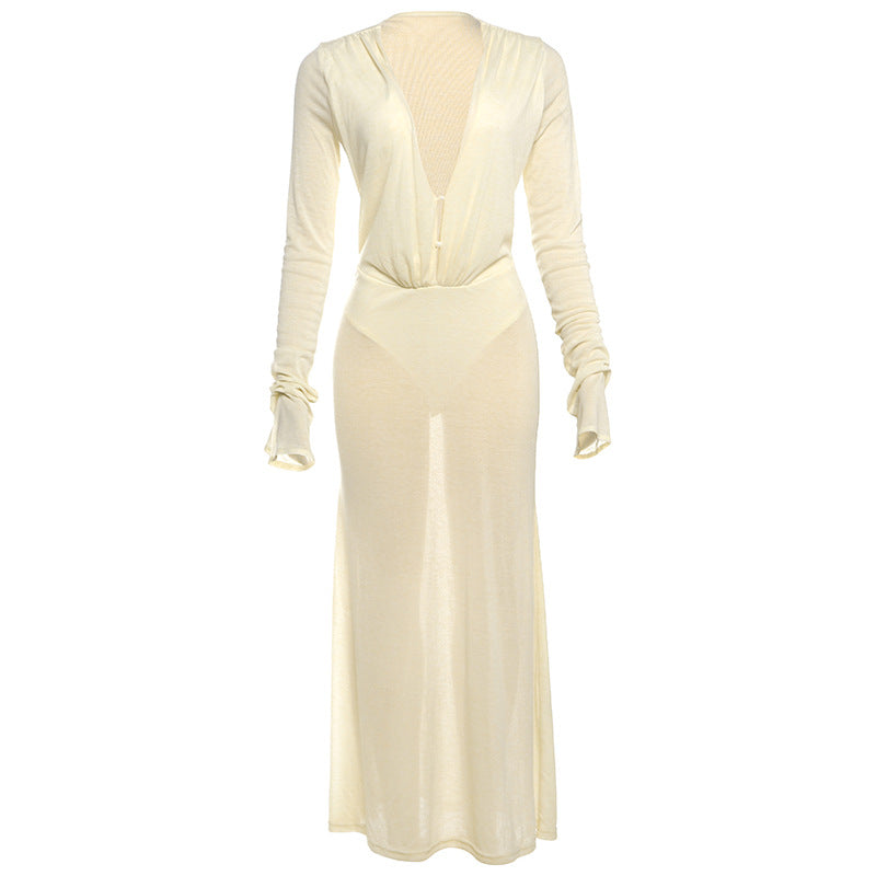 Women Clothing Sexy Solid Color Deep V Plunge neck Buttons Slim Fit High Waist Long Sleeves Dress Women