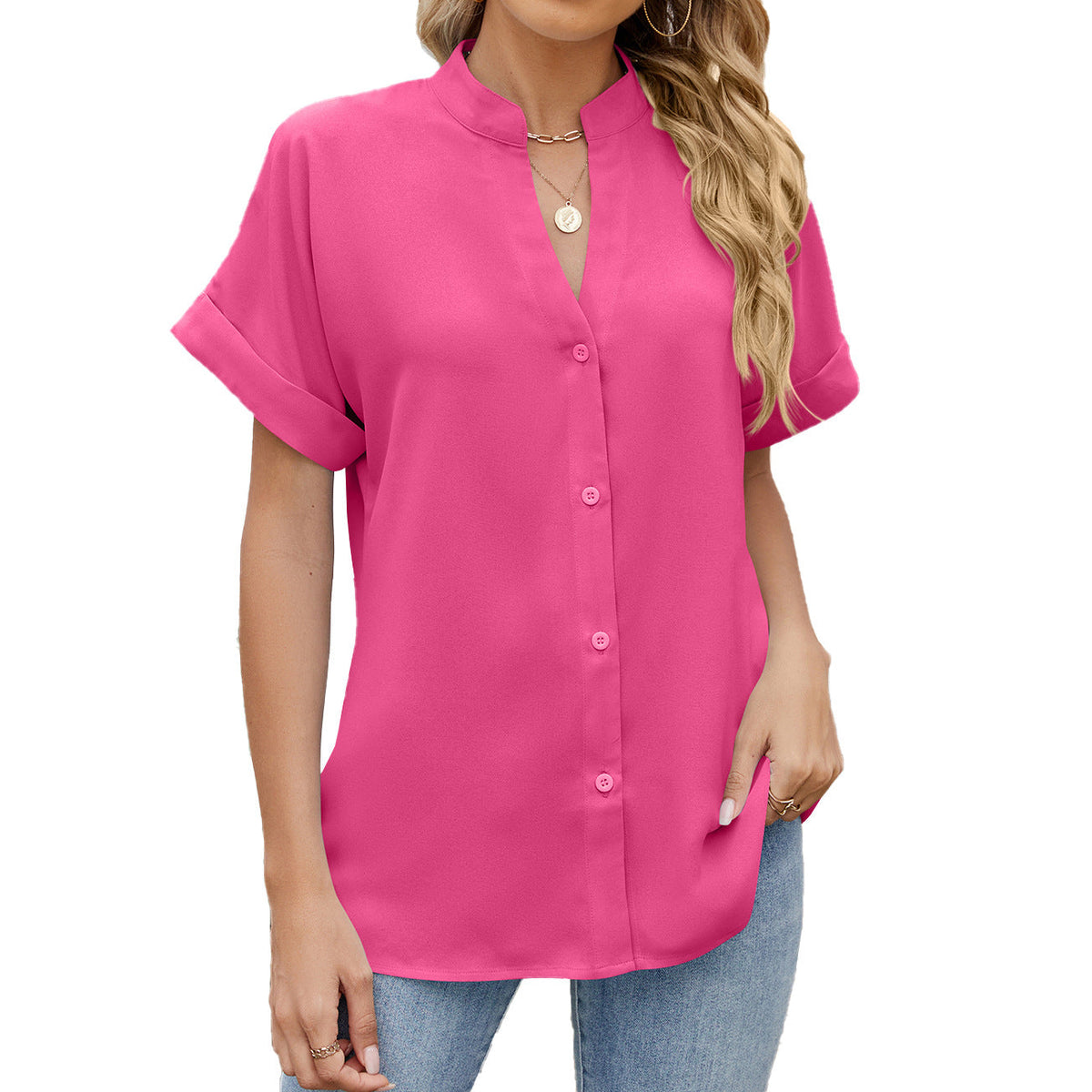 Spring Summer Solid Color V neck Loose Short Sleeve Button Shirt Chiffon Shirt