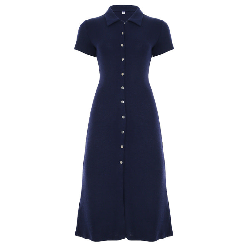 Women Basic Solid Color Knitted Breasted Polo Collar Short Sleeve Dress Elegant Dress