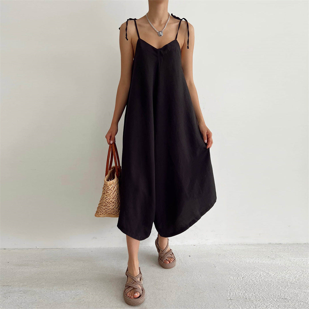 Summer Solid Color Overalls Casual Loose Fitting Wide Leg Trousers Sexy Sling Backless Sleeveless Jumpsuit