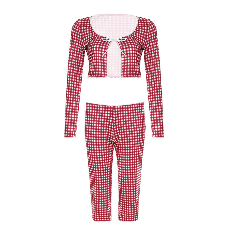 Plaid Drawstring Long Sleeved Top Slim Fit Fifth Pants Middle Pants Sets Pajamas Home Casual Two Piece Sets Women