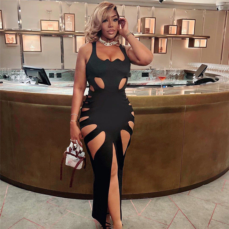 Spring Women Clothes Hollowed out Low Collar High Waist Sheath Slit Slim Fitting Maxi Dress