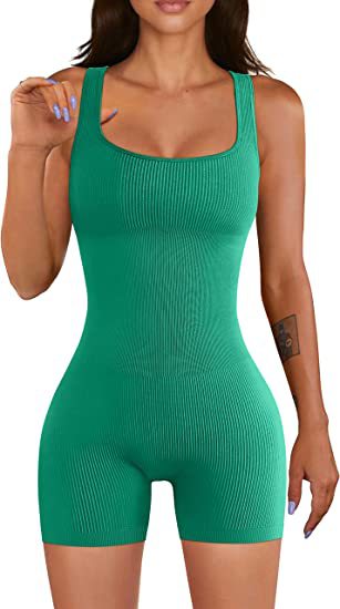 Women Yoga Jumpsuit Workout Ribbed Square Collar Sleeveless Sports Jumpsuit