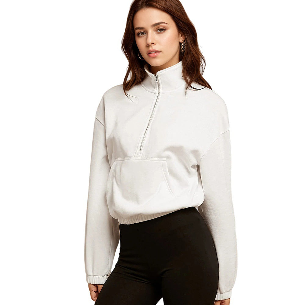 White Pullover Sweater Women Heavy Weight Cotton Fabric Idle Half Zipper Design Mid Length Inner Wear