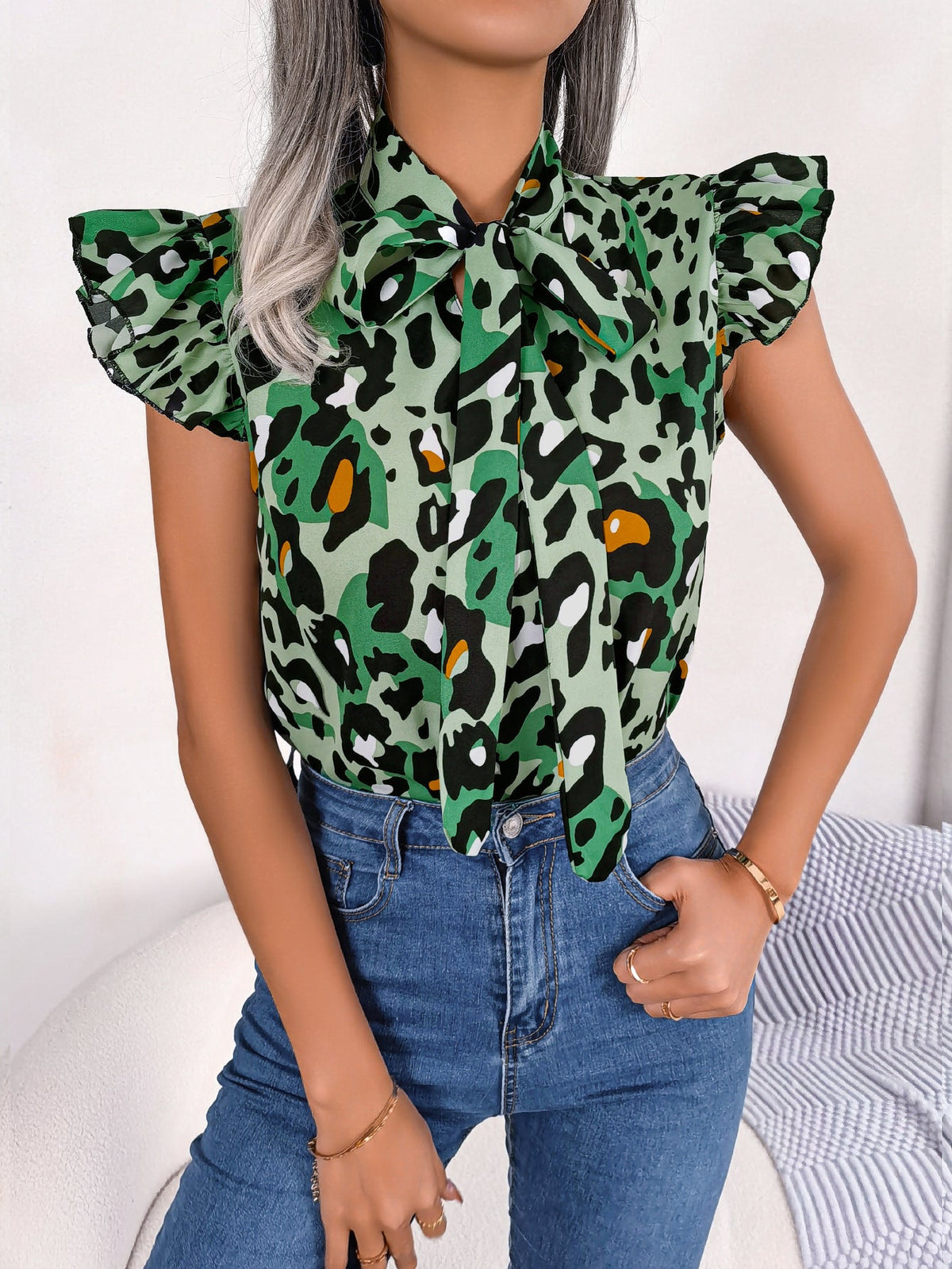 Spring Summer Casual Leopard Print Stringy Selvedge Lace Up Chiffon Blouse Top Women Clothing