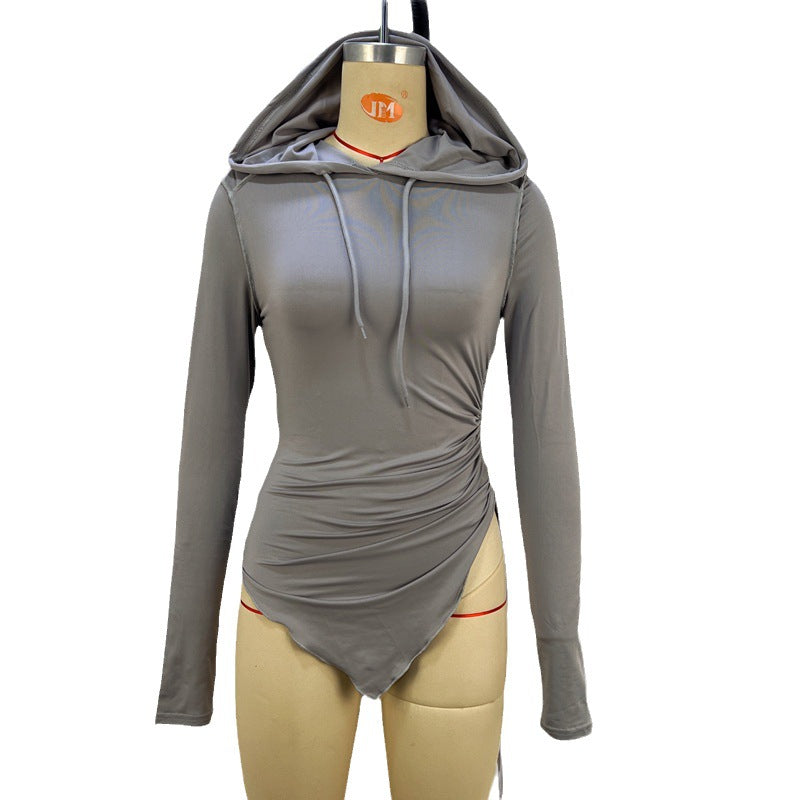 Women Clothing Winter Personality Street Drawstring Ruffle Irregular Asymmetric Slim Fit Hooded Top for Women
