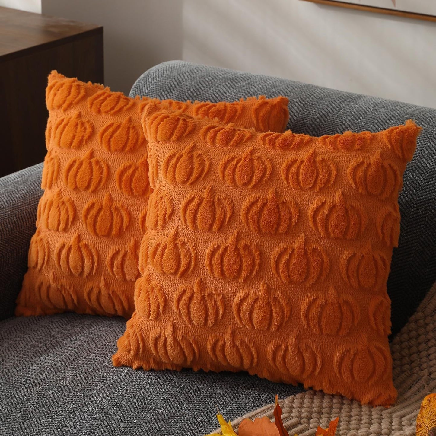 Pumpkin Fall Throw Pillow Covers - Set of 2 Rust Red Faux Fur Pillow Cases
