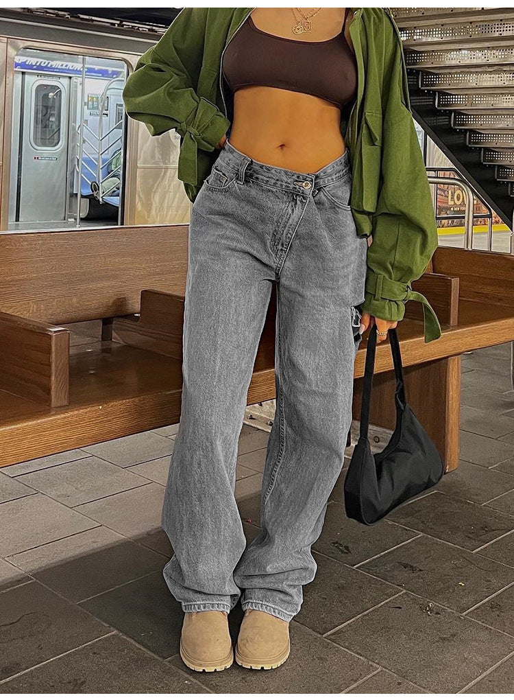 Women Waist Low Waist Loose Hole Jeans