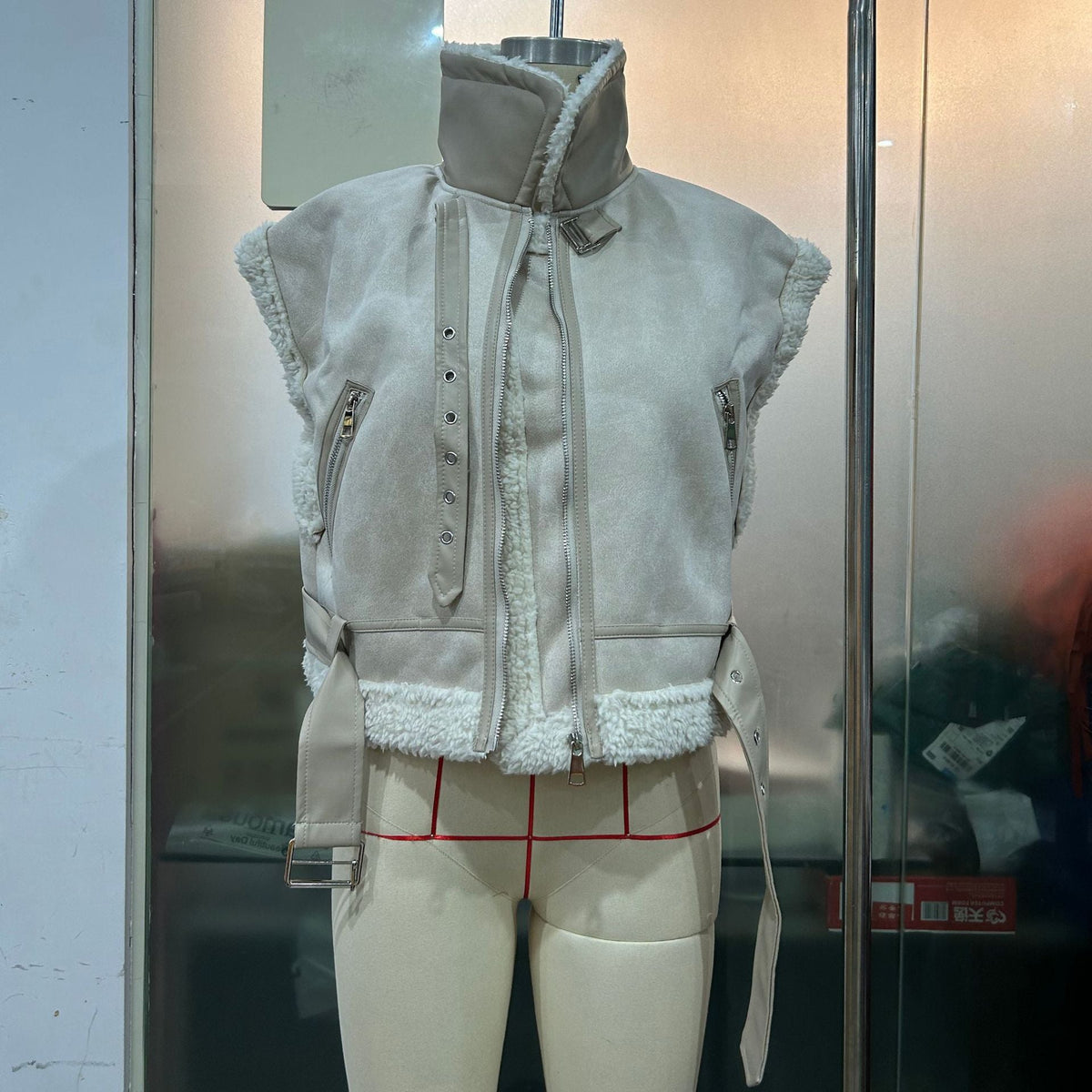 Women Clothing Motorcycle Zipper Faux Shearling Jacket Stitching Vest Vest Coat