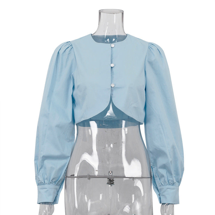 Simple Niche Design Cotton Women Shirt round Neck Long Sleeve All Matching Short Cardigan Top