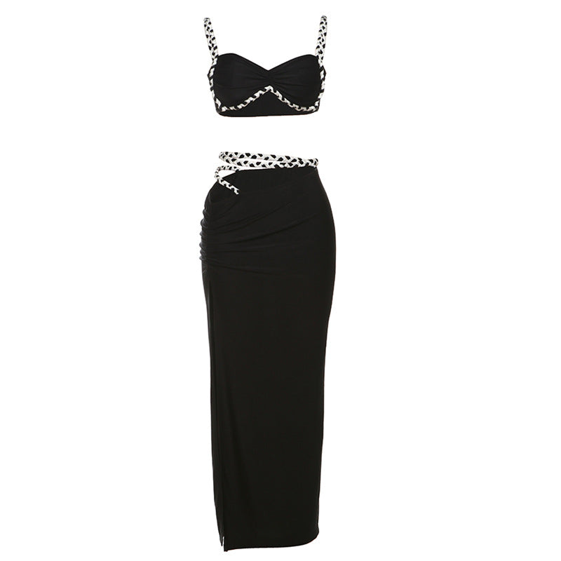 Spring Summer Women Clothing Cool Contrast Color Camisole Sexy Slim Side Slit Skirt Set