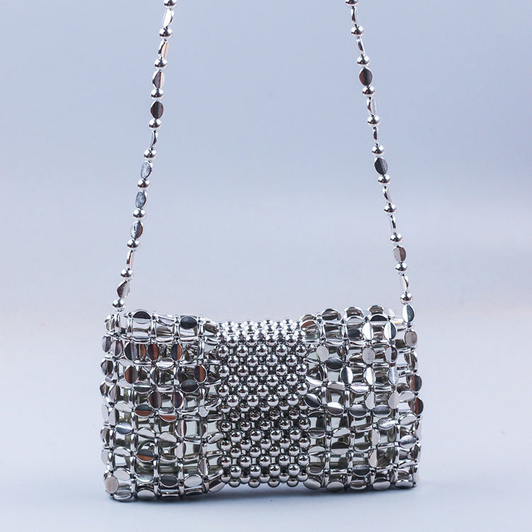 Special Interest Design Silver Woven Chain Mobile Phone Coin Purse Crossbody Women Handmade Beaded Weave Crossbody Bag