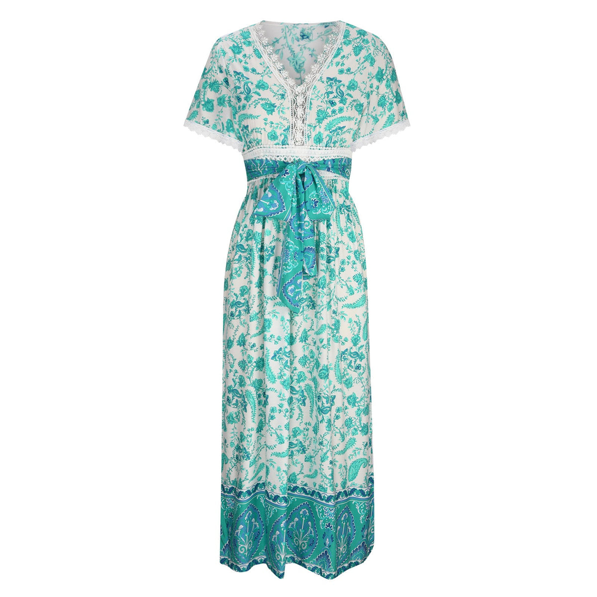 Women's Short Sleeve Lace Trim Tie-Waist Bohemian Dress Vacation Beach Dress Floral