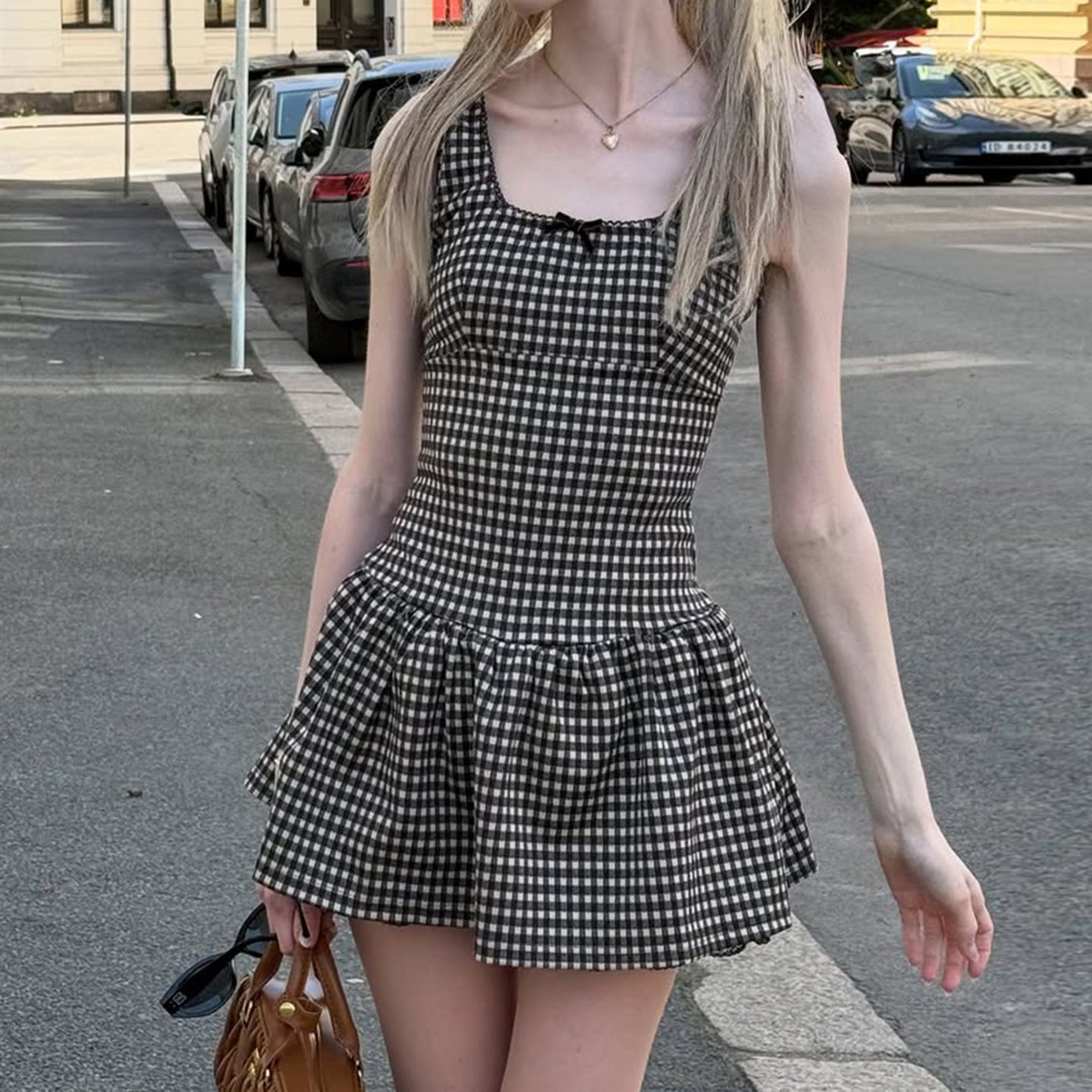 Summer Sexy Plaid Square Collar A line Dress Waist Controlled Girl Tank Top Dress