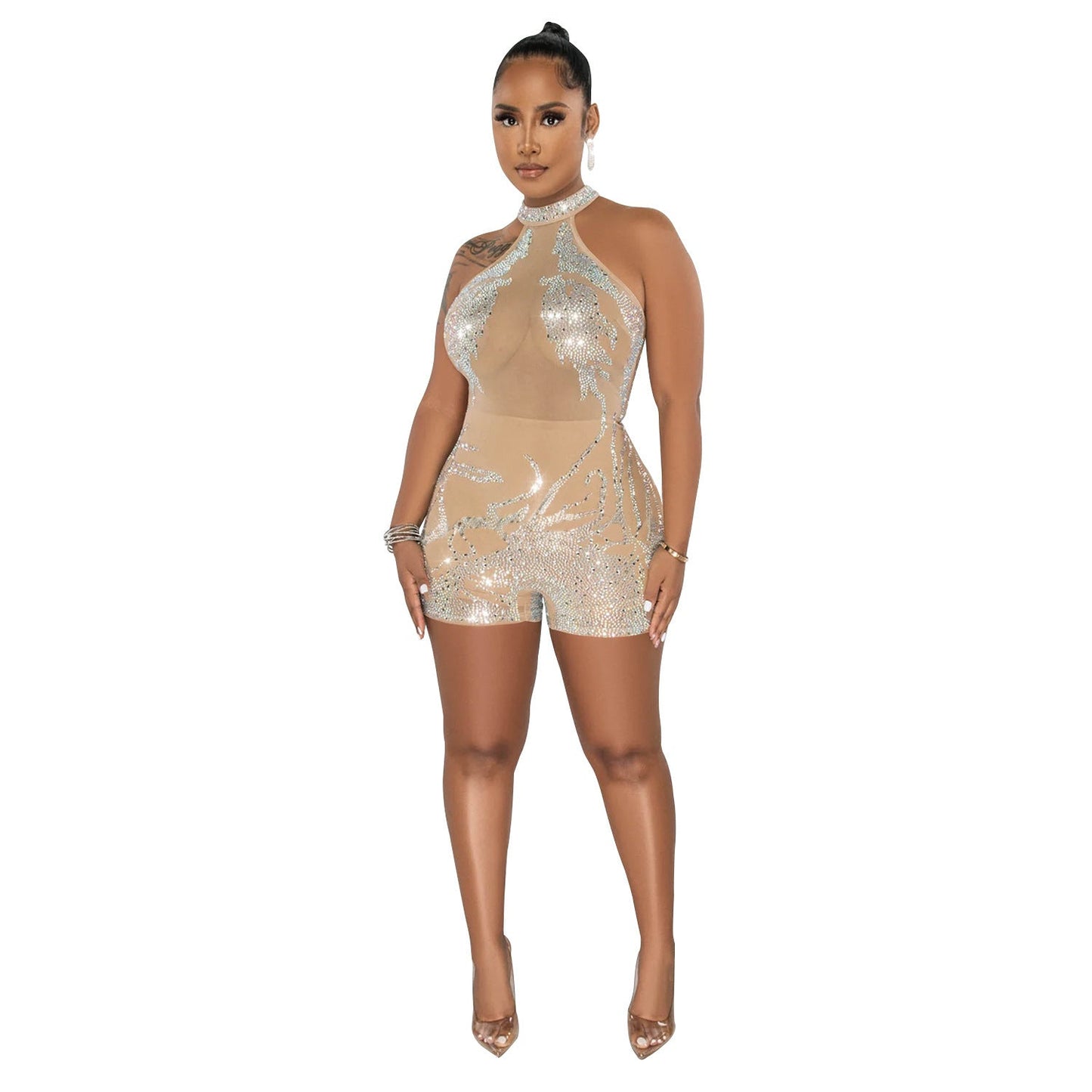 Summer Women Clothing Sexy Tight Mesh See through Rhinestone Jumpsuit for Women