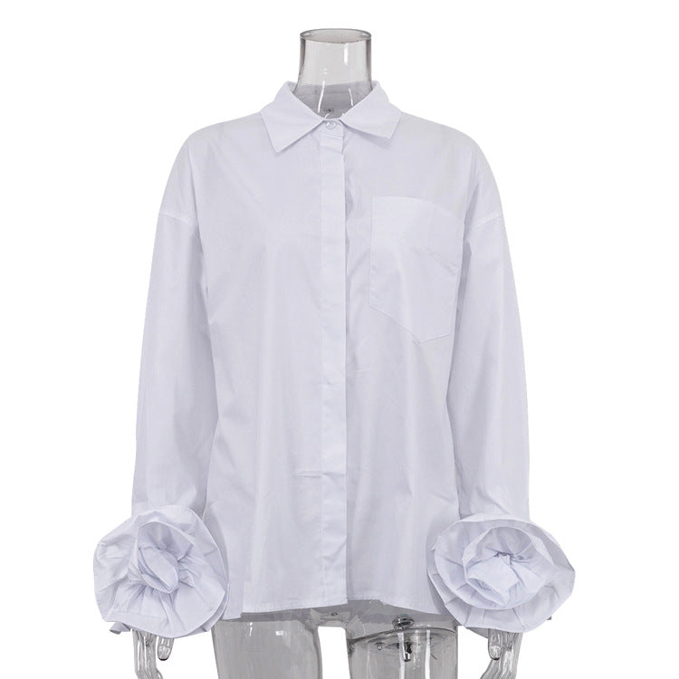 Design Stitching Floral Long Sleeve Women Shirt Cotton Collared Office White Shirt Cardigan Top
