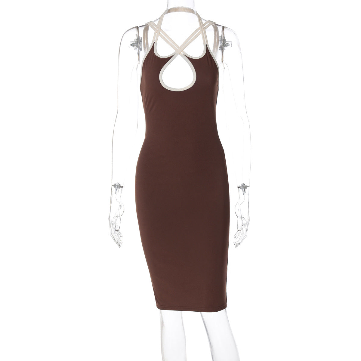 Contrast Color Hollow Out Cutout Slim Fit Dress Women Clothing Spring Halter Backless Lace up Hip