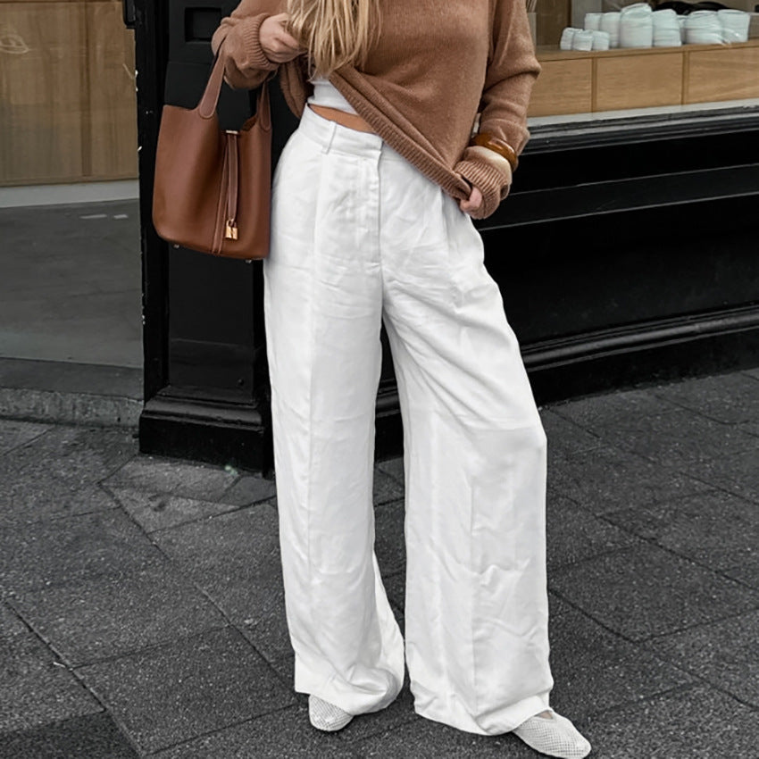 Spring Summer Office Lazy Cotton Linen Niche White High Waist Wide Leg Pants Loose Pockets Casual Pants Women Clothing