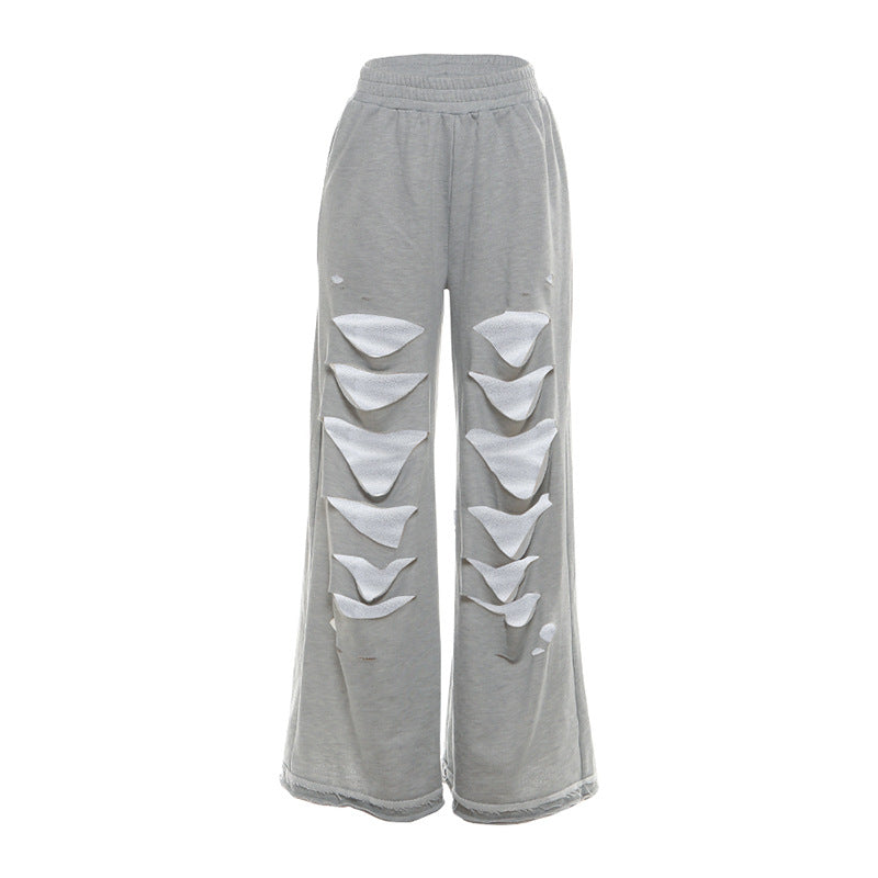 Fall Women Clothing Solid Color Personalized Ripped Sweatpants Sports Casual High Waist Wide Leg Pants Women