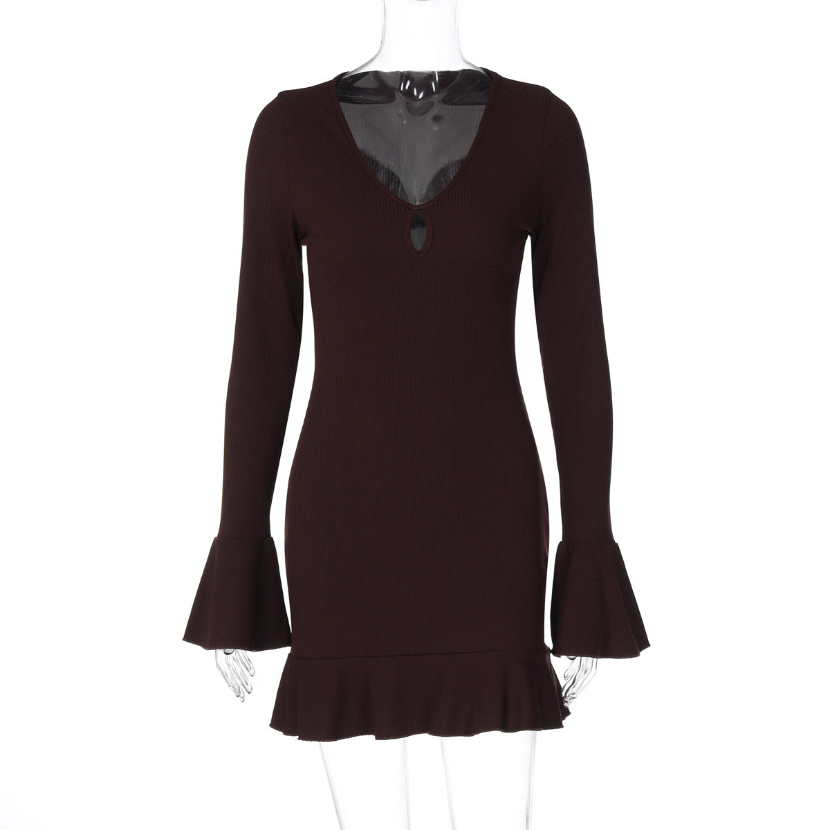 Women Clothing Autumn Solid Color Sexy V neck Bell Sleeve Waist Slimming Dress