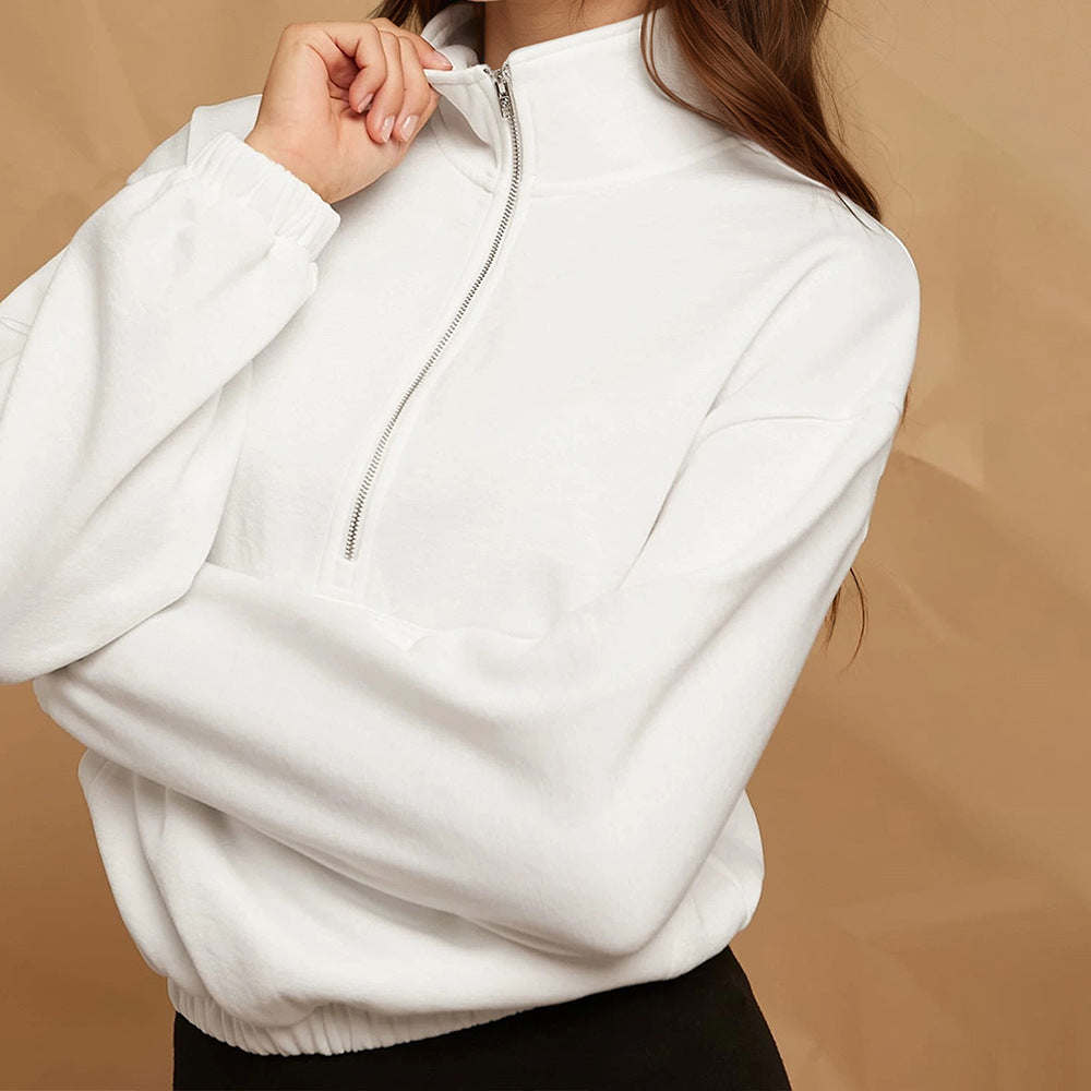 White Pullover Sweater Women Heavy Weight Cotton Fabric Idle Half Zipper Design Mid Length Inner Wear