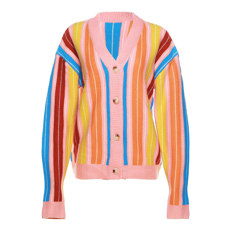 Fall Women Clothing Color Contrast Knitted Striped Long Sleeve Cardigan Loose Casual Top