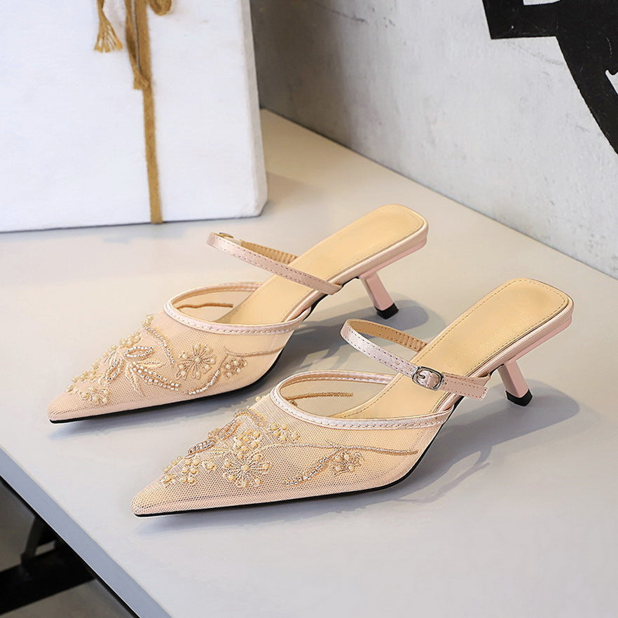 Lace Mesh Stiletto Heel Pointed Toe Semi Slippers Women Floral Embroidery Sexy Hollow Out Cutout out Strap Slippers