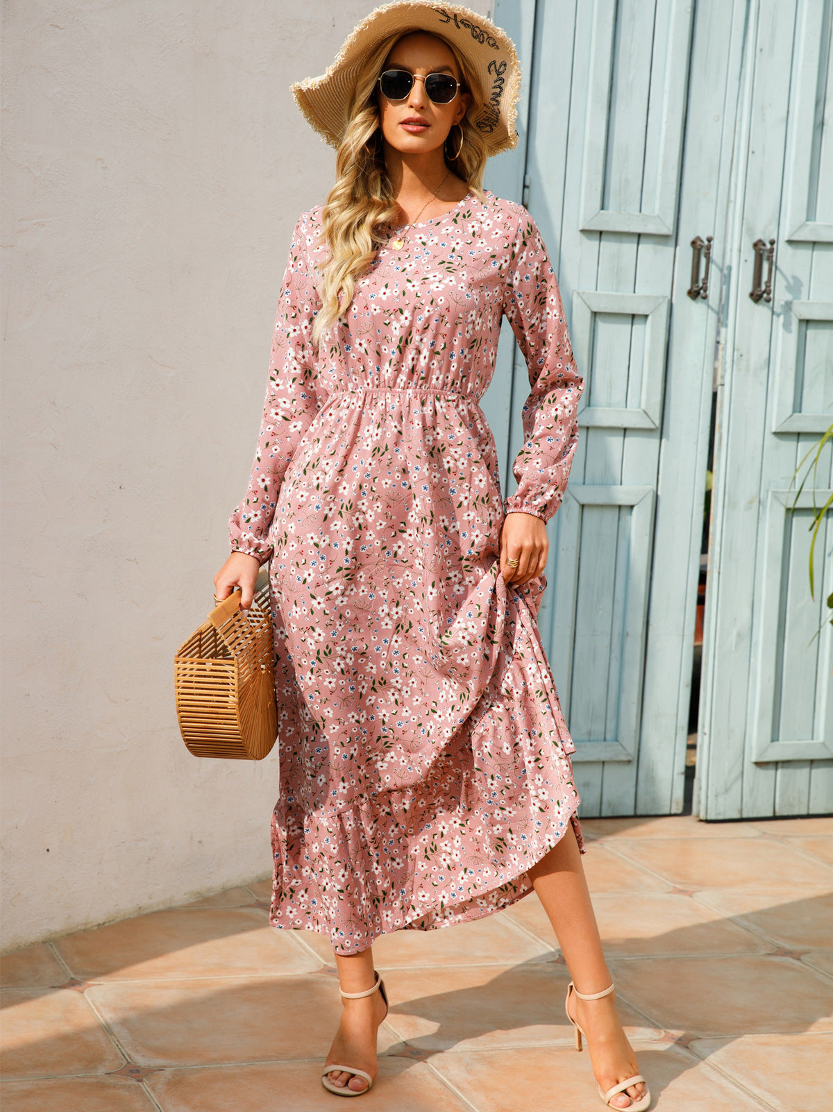 Spring and Autumn floral chiffon dress waist thin long sleeve round neck long printed skirt children