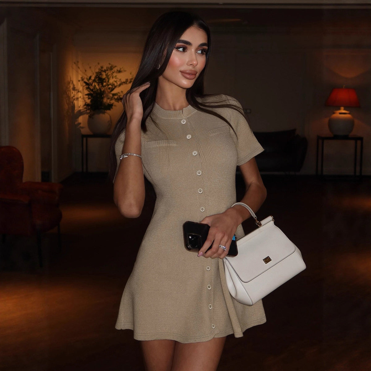 Women Clothing Solid Color Classic Knitted Dress round Neck Single Breasted Short Sleeve Waist A line Dress