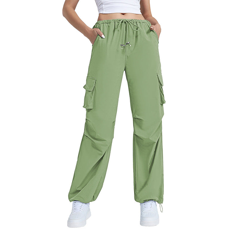 Retro Straight Wide Leg Pants Women Autumn Solid Color Multi Pocket Loose Baggy Trousers Casual Working Pants