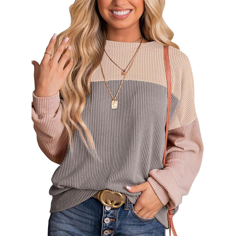 Autumn Winter Casual Striped Multi Color Mosaic Sweatshirt for Women