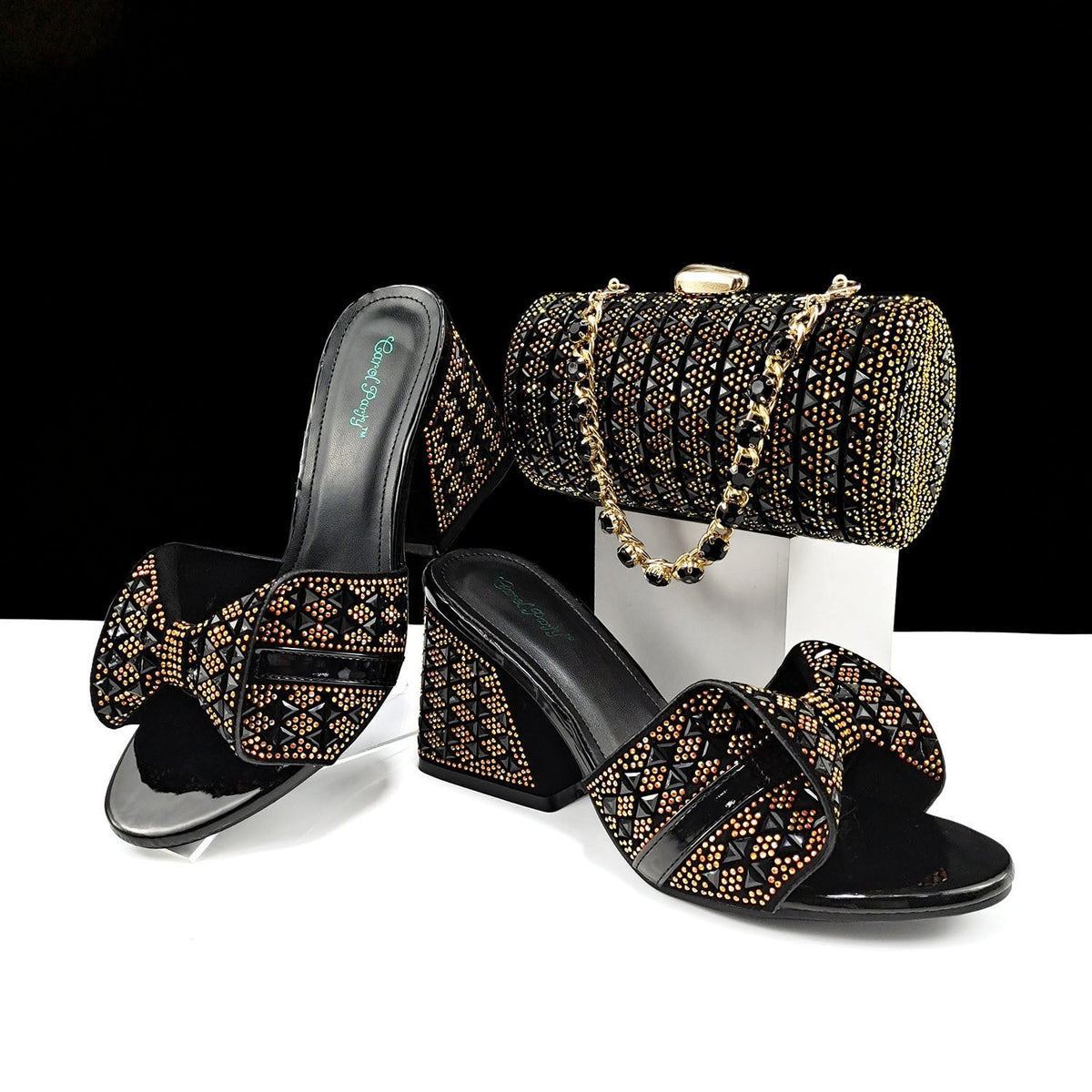 Women Shoes Bags Two Piece Sets Summer Mouth High Heel Slippers Color Matching Rhinestone Embellished Cylindrical Bag Casual