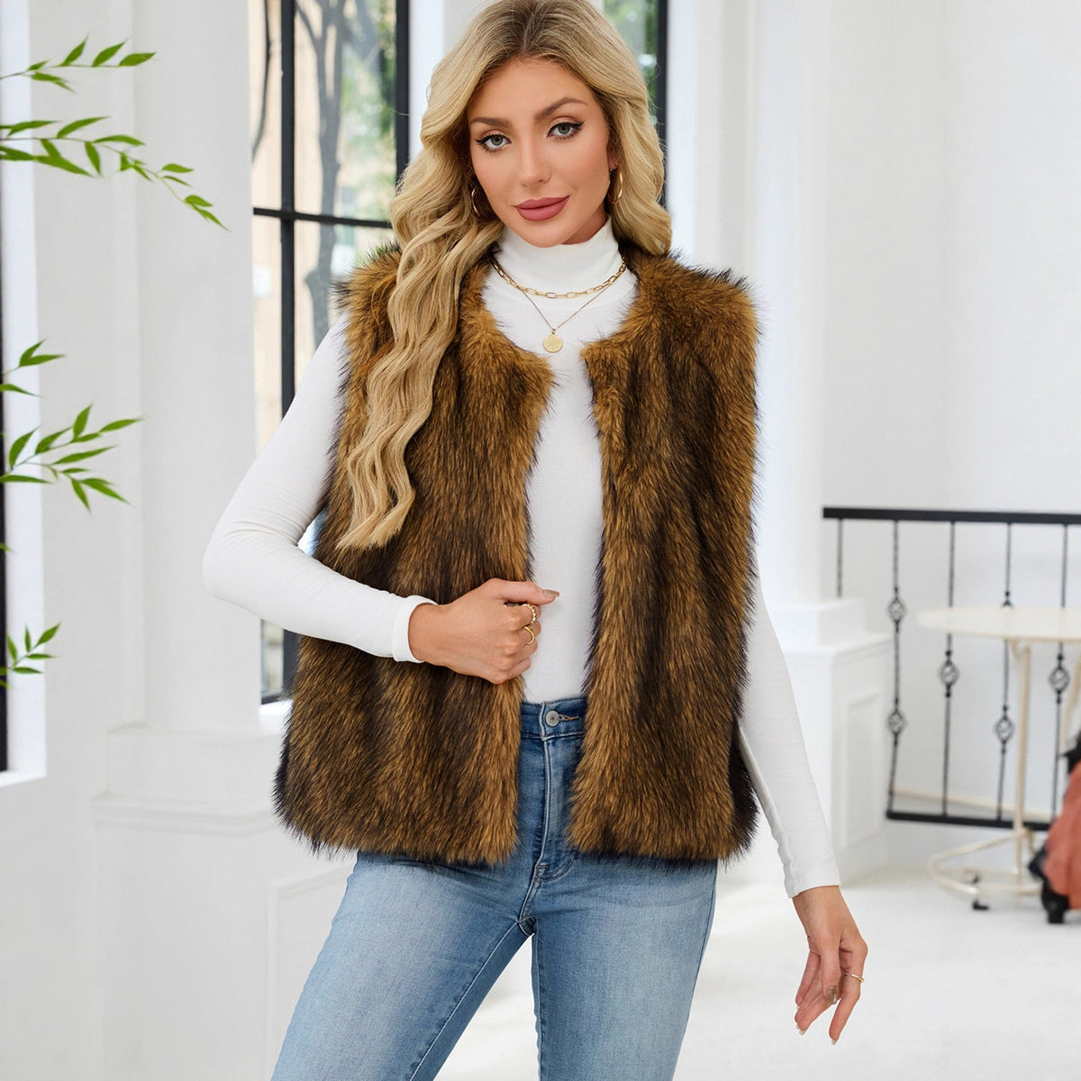 Women Clothing Faux Fur V neck Vest Coat Sleeveless Vest