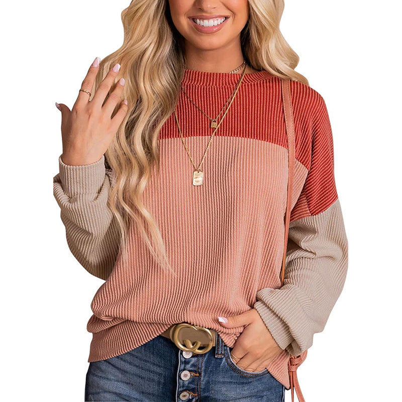 Autumn Winter Casual Striped Multi Color Mosaic Sweatshirt for Women