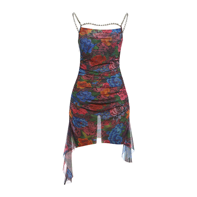 Spring Women Sexy Waist Trimming Ruffle Hip Drill Chain Strap Dress
