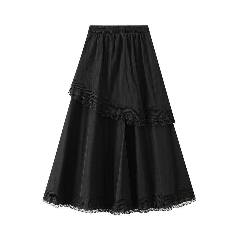 Lace Stitching Tiered Skirt Women Spring Elastic High Waist Slimming Draping Ruffled Large Swing Dress