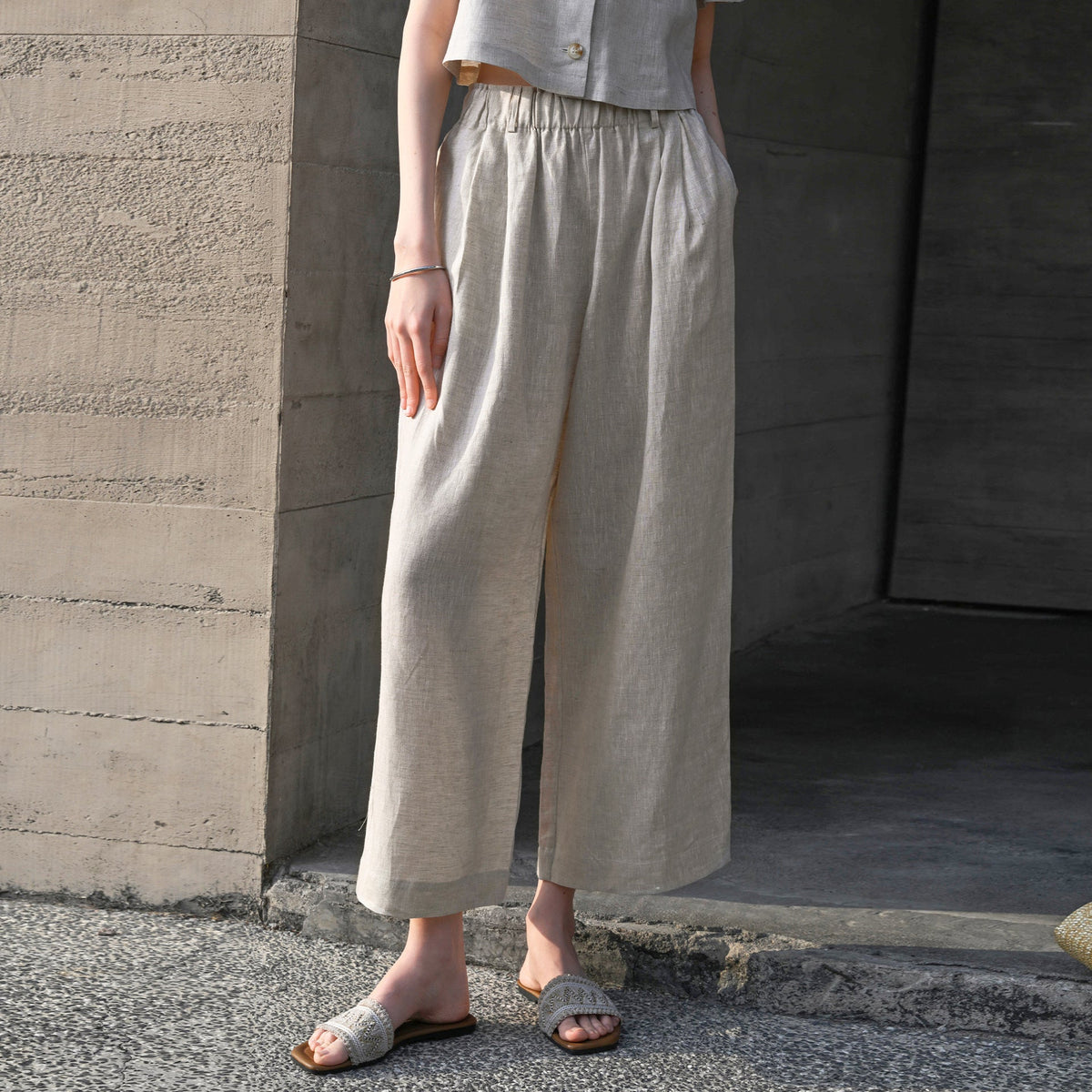 Pure Linen Casual Pants Women Summer Comfort Breathable Trousers Casual Elastic Waist Straight Leg Pants