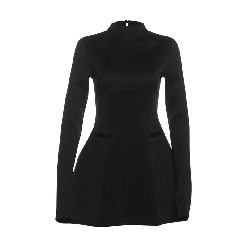 Autumn Winter Women Clothing High Class Elegant Backless round Neck A line dress Solid Color Slim Fit Long Sleeves Dress