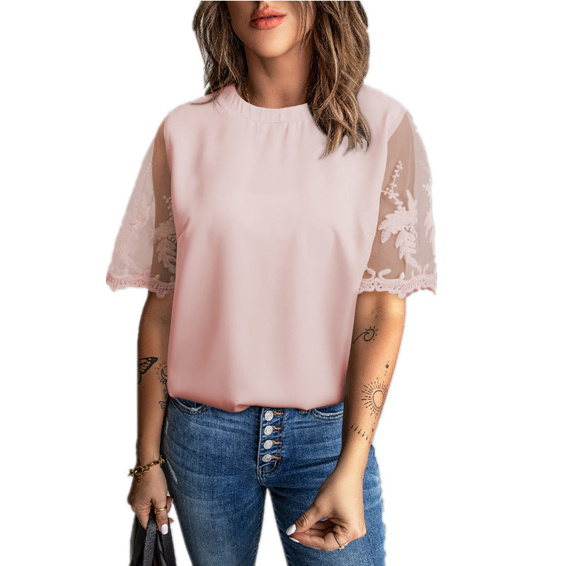 Summer Women round Neck Short Sleeve Top Lace Chiffon Shirt
