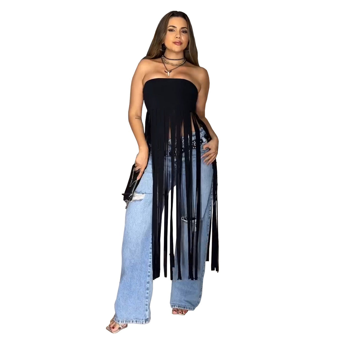 WomenWear Suede Sexy Tube Top Solid Color Tassel Dress