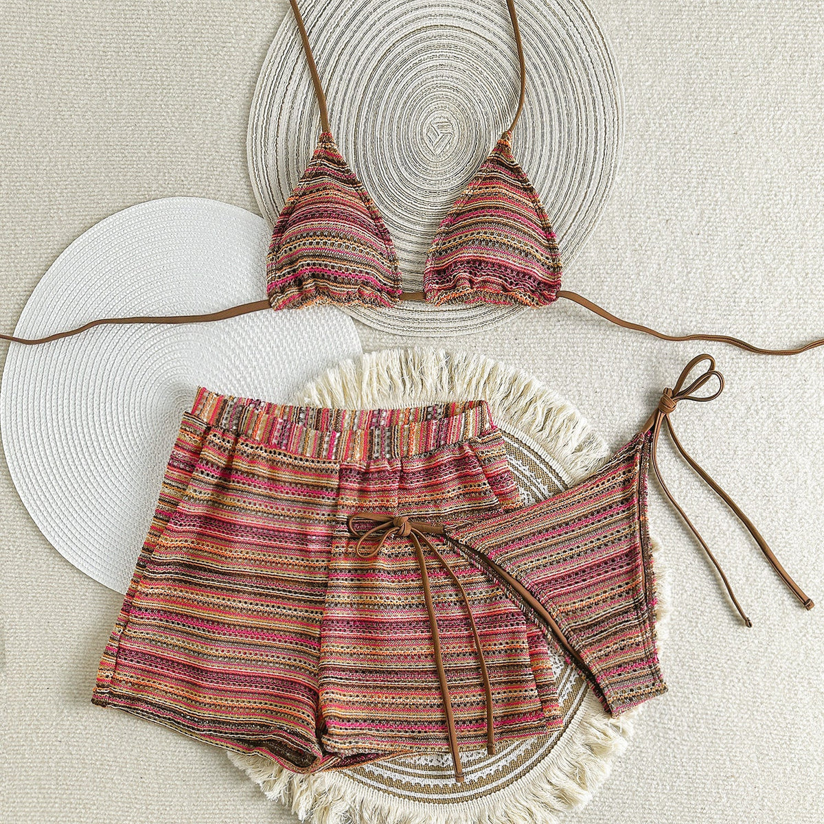 Sexy Halter Bikini Knitted Contrast Color Beach Shorts Three Piece Swimsuit Bikini